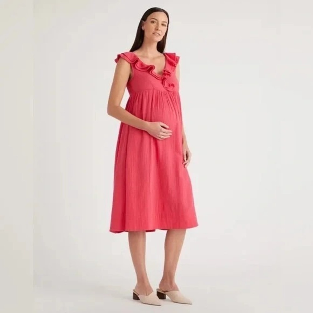 Quince Maternity Dress Pink Ruffles Cotton V Neck Smocked Size‎ L NEW